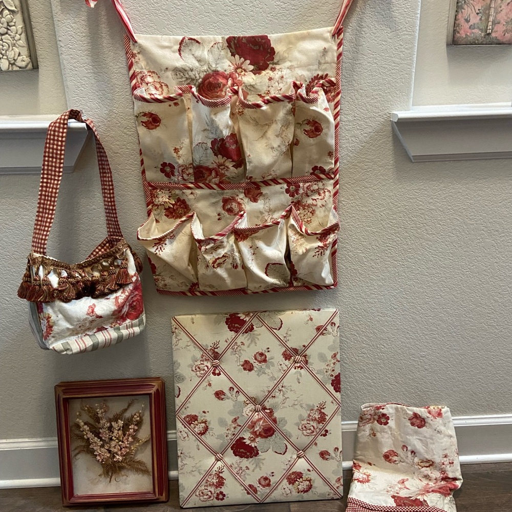 Floral Wall Organizer, Memory Board, Window Valance, Frame & Fabric bag-5 pieces